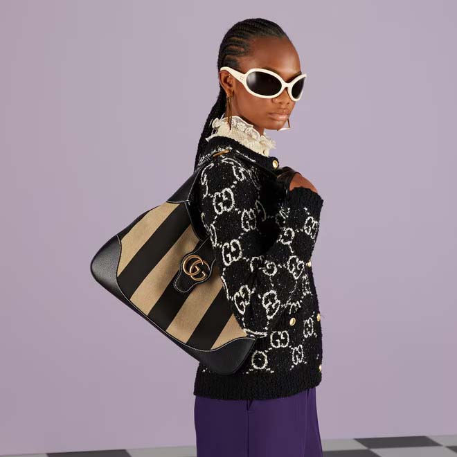 Gucci Women GG Aphrodite Medium Shoulder Bag Beige Black Cotton Canvas Black Leather