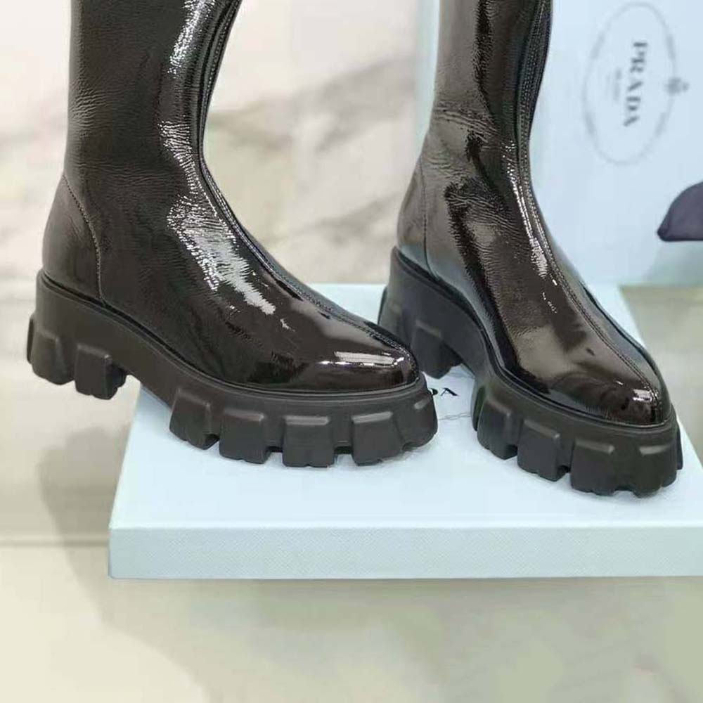 Prada Women Monolith Pointy Technical Patent Leather Booties