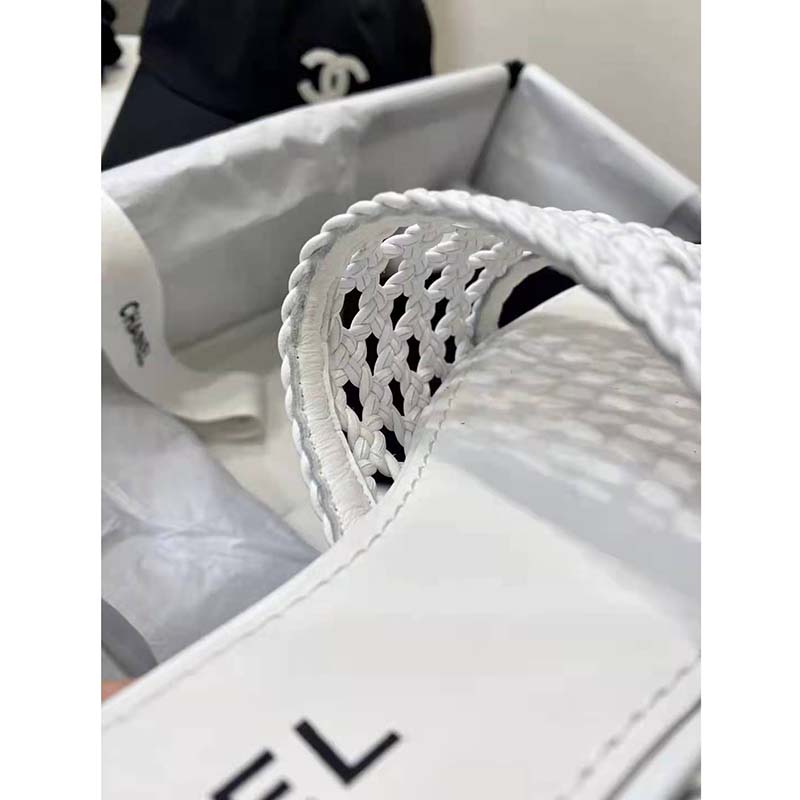Chanel Women Mules Shiny Braided Goatskin White 4.5 cm Heel
