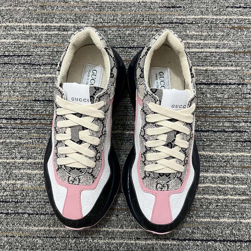 Gucci Unisex Rhyton Sneaker Beige Blue GG Supreme Canvas Rubber Sole Mid Heel