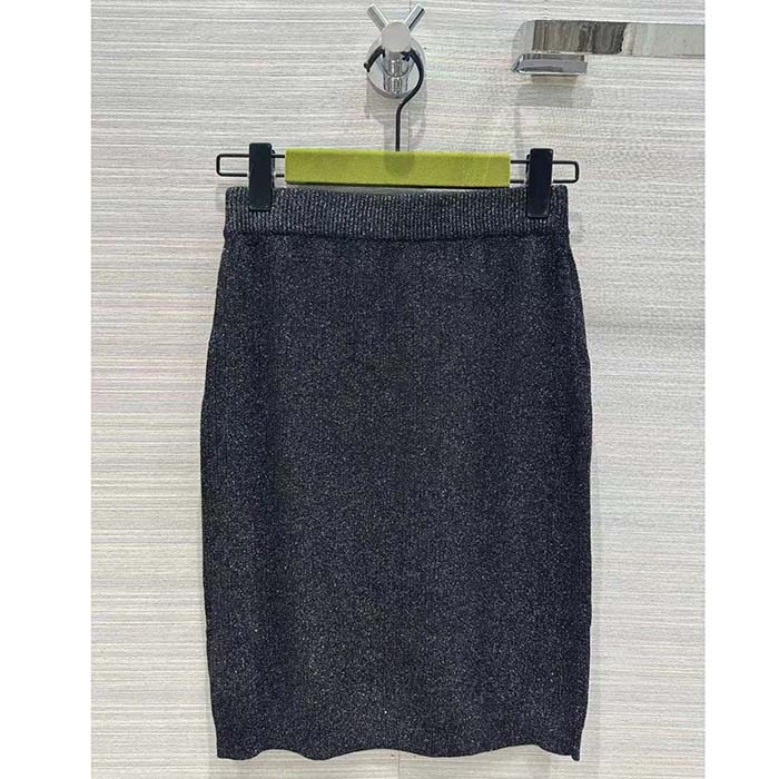 Gucci GG Women Rib Stitch Viscose Lamé Skirt Interlocking G Slip Lining Elastic Waist