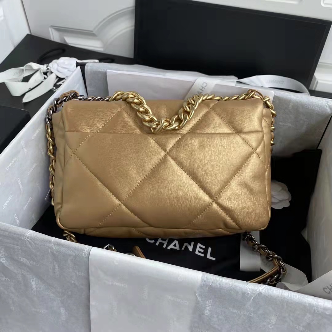 Chanel CC Women 19 Handbag Metallic Lambskin Gold Silver Tone Gold Bag