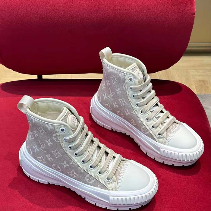 Louis Vuitton Women LV Squad Sneaker Boot Beige Monogram Denim Circle Double Laces