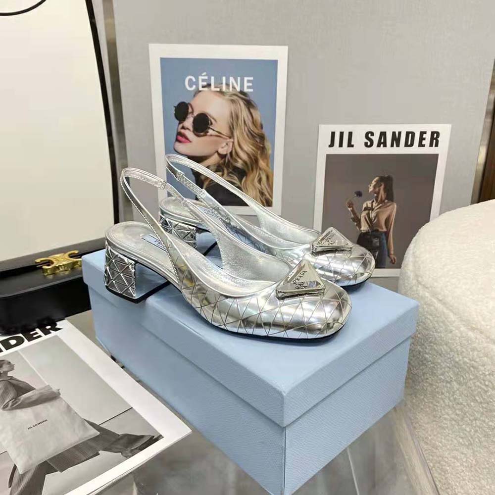 Prada Women Metallic Leather Slingback Pumps in 45mm Heel Height-Silver