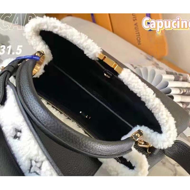 Louis Vuitton LV Women Capucines MM Bag Black Taurillon Leather Shearling Cowhide