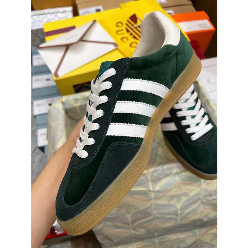Gucci Unisex GG Adidas x Gucci Gazelle Sneaker Green Suede White Demetra Trefoil