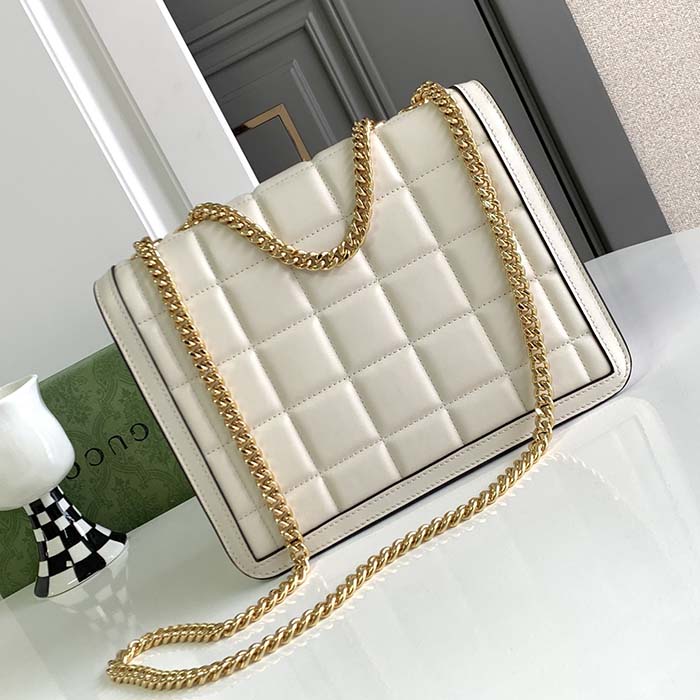 Gucci Women GG Deco Small Shoulder Bag Off White Quilted Leather