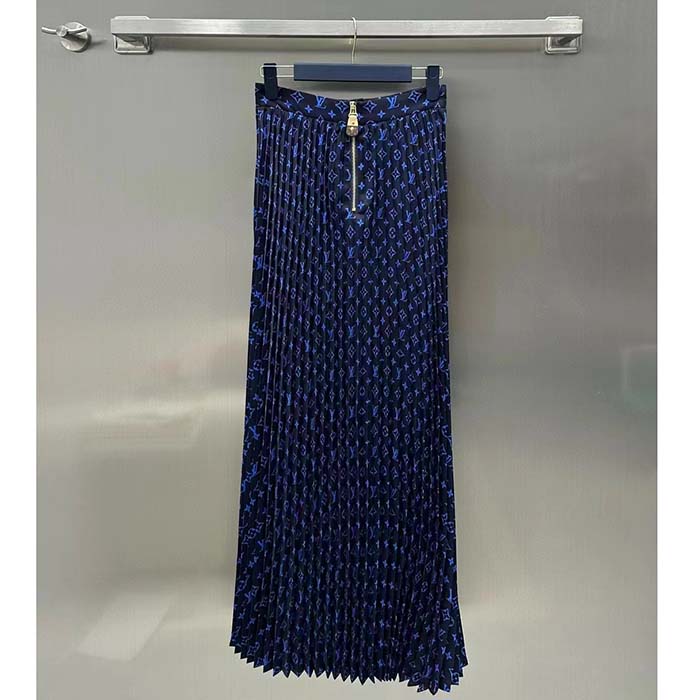 Louis Vuitton LV Women LV Monogram Silk Pleated Skirt Silk Navy