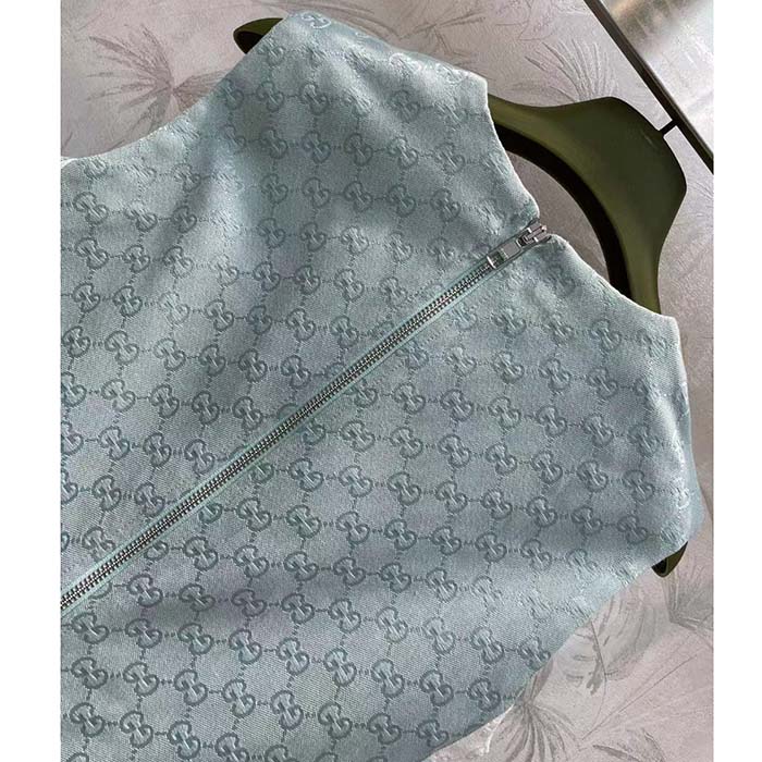 Gucci Women Reversible GG Canvas Dress Pale Blue Unlined Crewneck Sleeveless Two Front Pockets