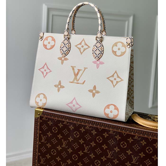 Louis Vuitton Women OnTheGo MM Tote Beige Monogram Coated Canvas Textile Lining