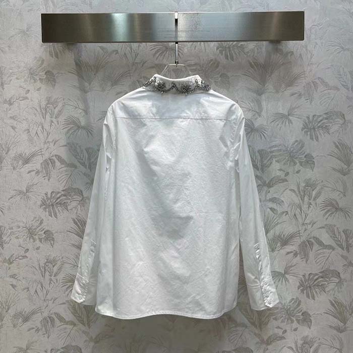 Gucci Women GG Cotton Poplin Shirt Embroidery Long Sleeves Concealed Placket