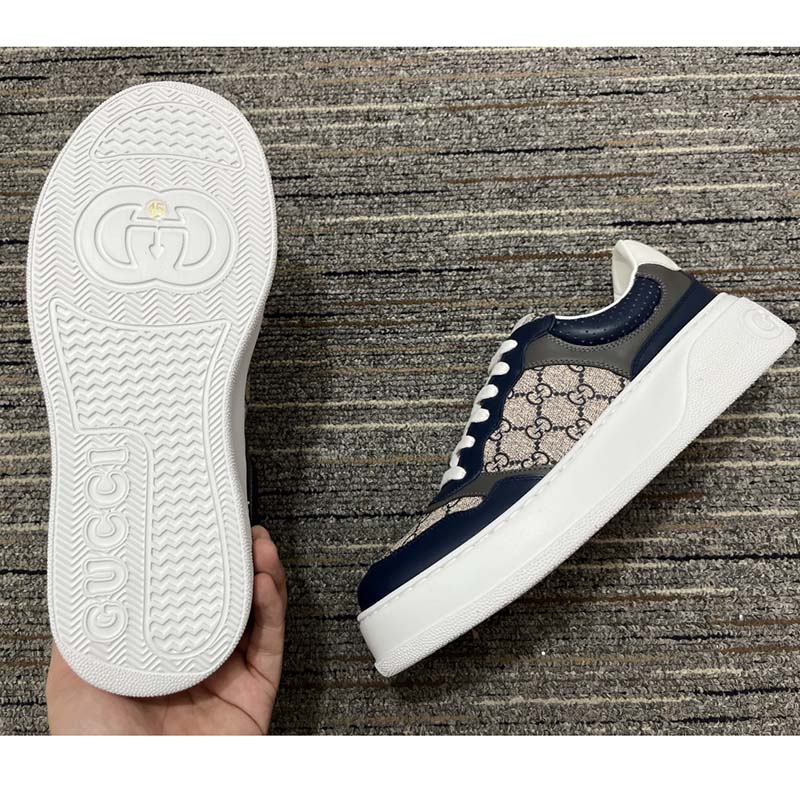 Gucci Unisex GG Sneaker Beige Blue Supreme Canvas Rubber Mid 5.5 Cm Heel