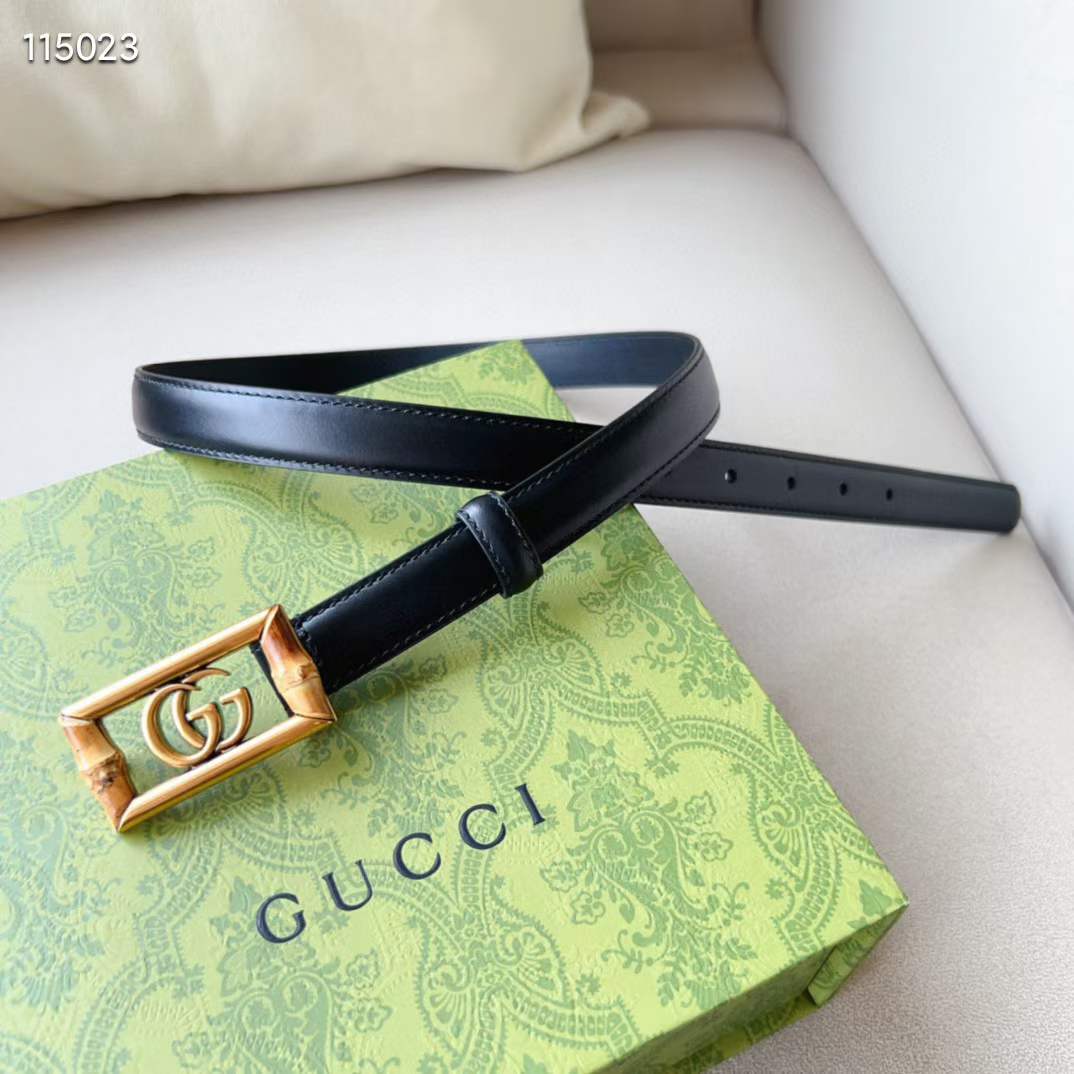 Gucci Unisex GG Belt Double G Buckle Bamboo Black Leather 1.8 CM Width
