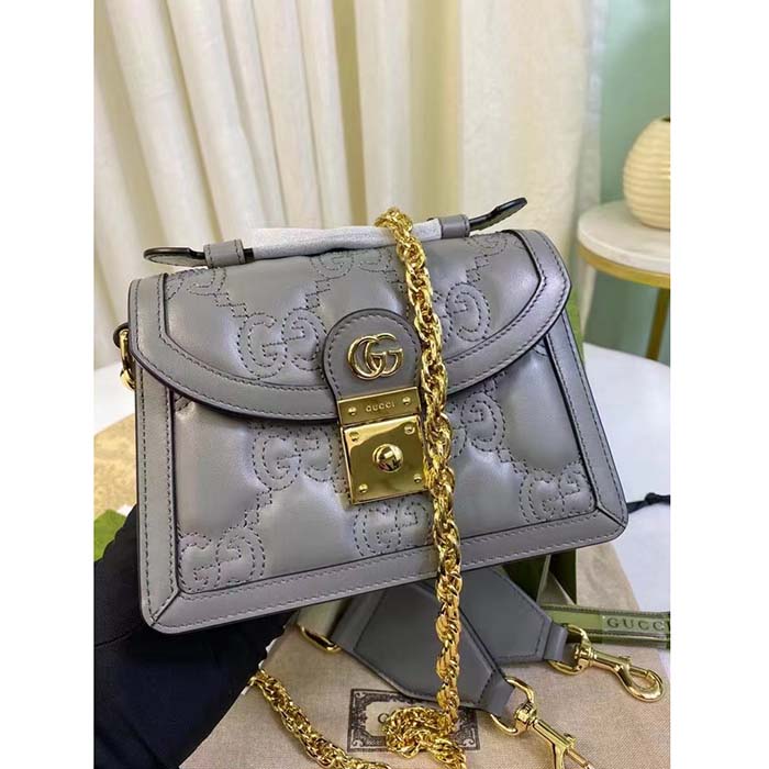 Gucci Women GG Matelassé Small Top Handle Bag Dusty Grey Leather Double G