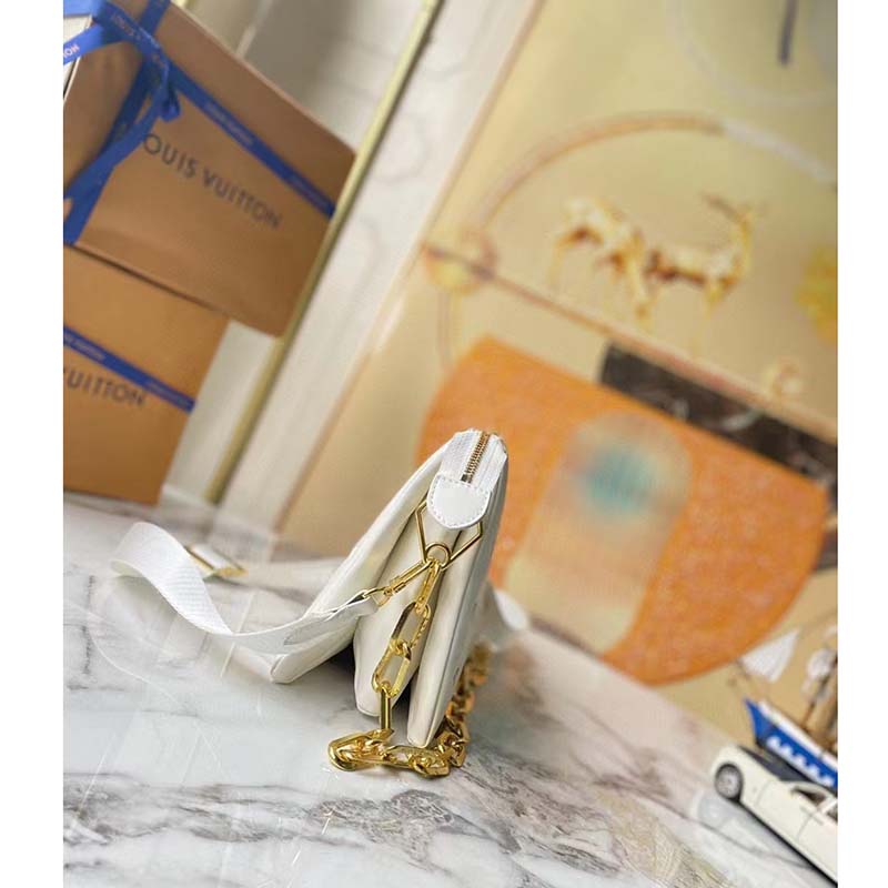 Louis Vuitton LV Women Coussin PM Handbag White Lambskin Leather Zip Closure