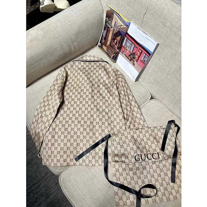 Gucci Women GG Supreme Silk Pant Beige Ebony Piped Unlined Elastic Waist Two Side Pockets Wide Leg