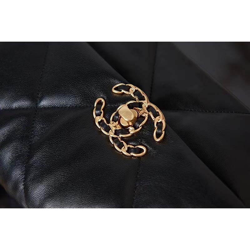 Chanel Women 19 Handbag Lambskin Gold Silver-Tone Ruthenium-Finish Metal Black