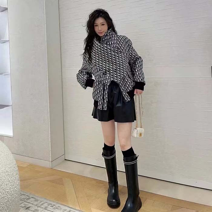 Dior Women CD Bomber Jacket Criss Cross Collar Blue Ecru Technical Taffeta Jacquard Oblique Motif