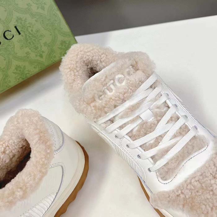 Gucci GG Unisex MAC80 Sneaker Off White Leather Merino Wool Round Toe Rubber Flat