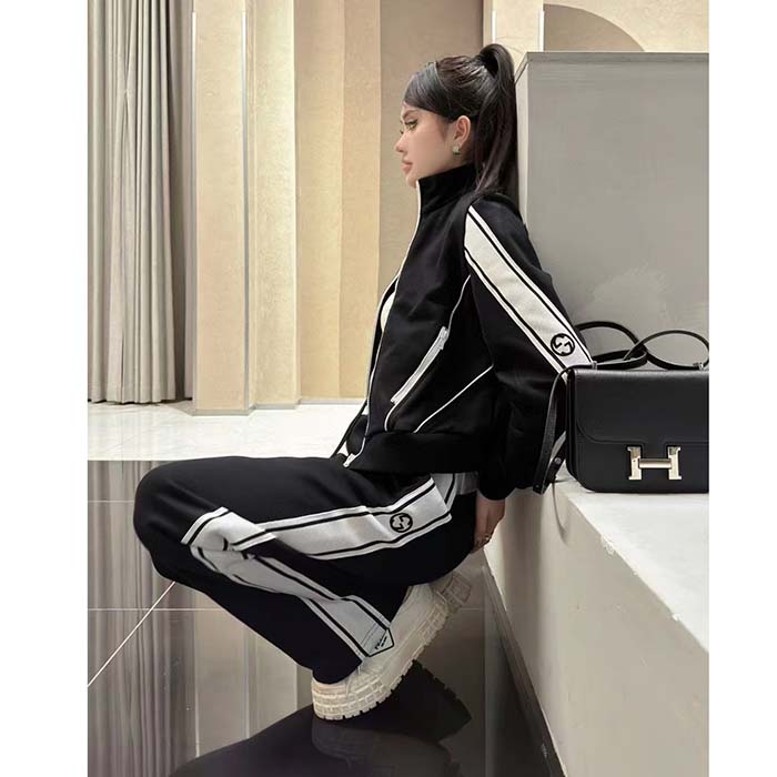 Gucci GG Women Cotton Jersey Zip Jacket Black Lightweight Felted Point Collar Long Sleeves