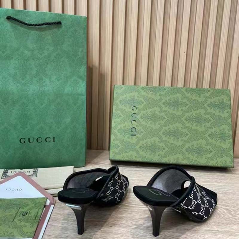 Gucci Women GG Sandal Black Mesh GG Crystals Square Toe Mid-Heel
