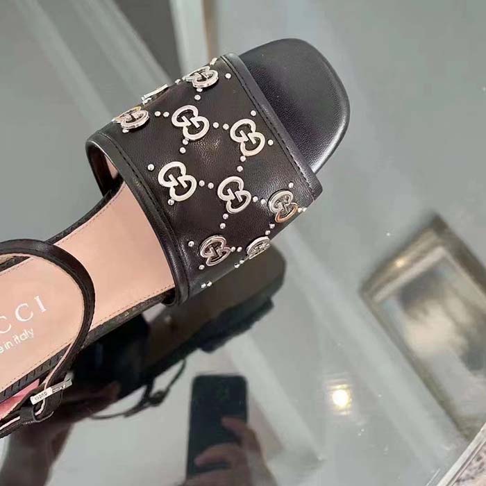Gucci Women GG Interlocking G Studs Sandal Black Leather Mid 8 Cm Heel