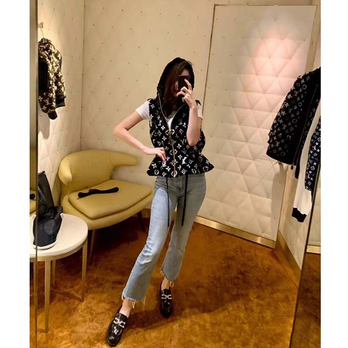 Louis Vuitton LV Women Sleeveless Hooded Monogram Teddy Jacket Acrylic Wool Black White