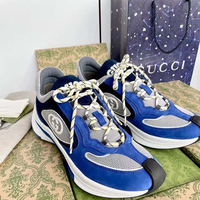 Gucci Unisex Run Sneaker Blue Black Suede Interlocking G Bi-Color Rubbe Low Heel
