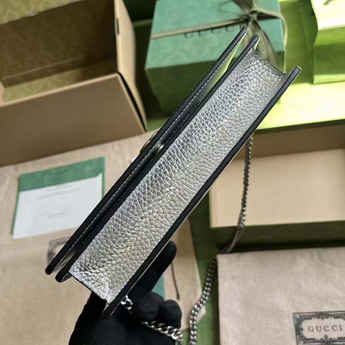 Gucci Women GG Marmont Mini Chain Bag Metallic Silver Leather Double G