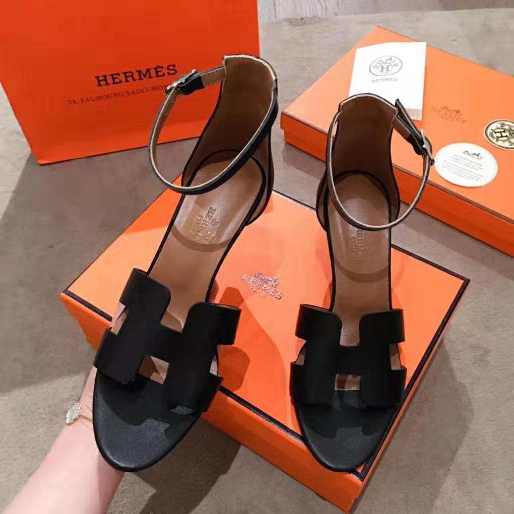 Hermes Women Legend Sandal Calfskin Iconic “H” 7.5 cm Heel-Black