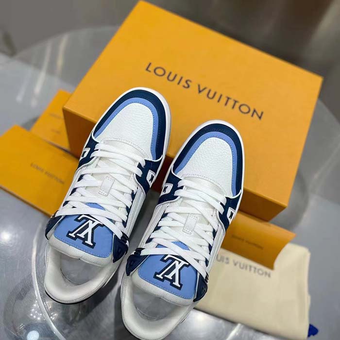 Louis Vuitton Unisex LV Trainer Sneaker Blue Nubuck Calf Leather Grained Monogram Flowers