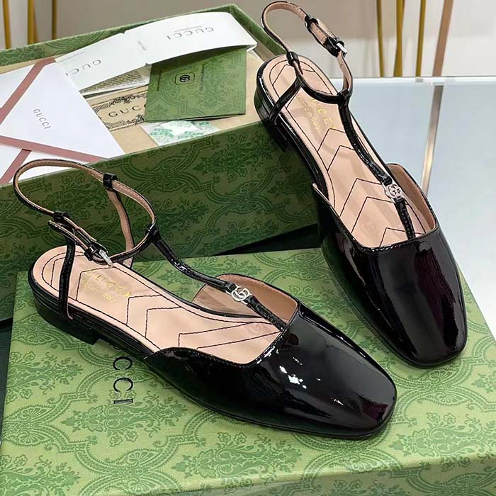 Gucci Women GG Double G Ballet Flat Black Patent Leather Square Toe