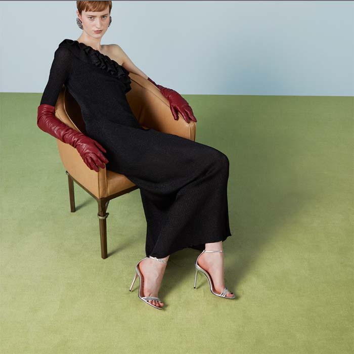 Gucci Women GG High Heeled Metallic Sandal Silver Leather Ankle Strap Metal Double G Buckle Crystals