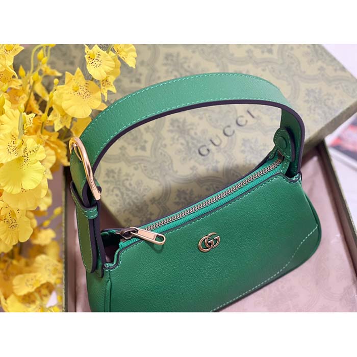 Gucci Women GG Aphrodite Shoulder Bag Double G Green Leather Zip Closure