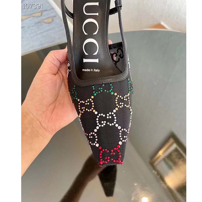 Gucci Women GG Slingback Pump Black GG Crystal Mesh Leather Mid 7.6 cm Heel