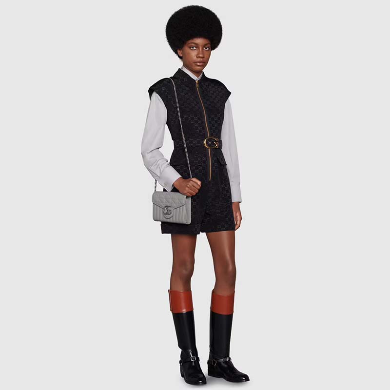 Gucci Women GG Marmont Matelassé Mini Bag Grey Leather Double G