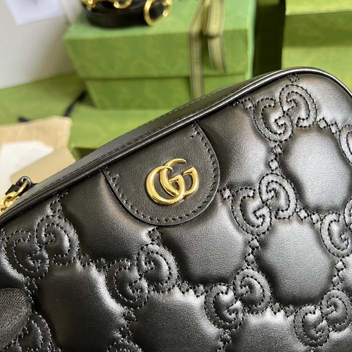 Gucci Women GG Matelassé Leather Small Bag Black Double G Zip Closure