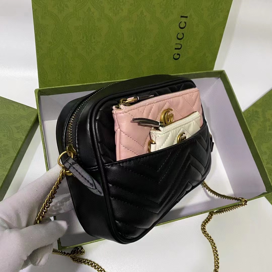 Gucci Women GG Double G Multi-Use Mini Bag Black Pink White Chevron Matelassé Leather