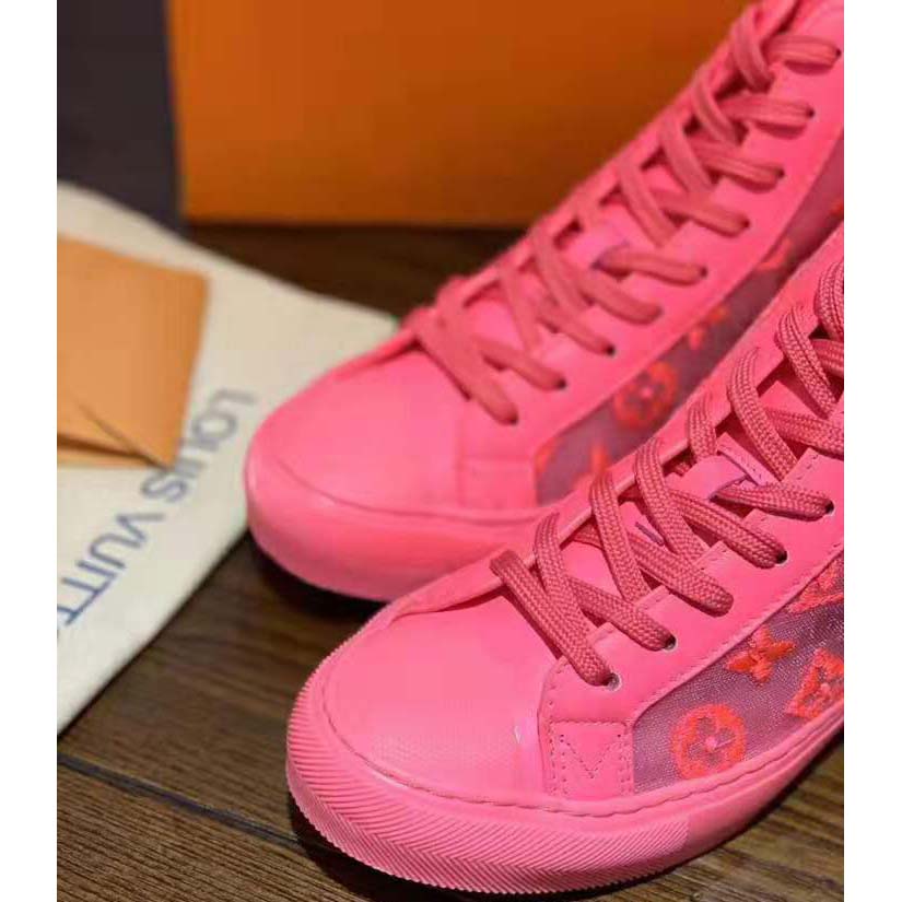 Louis Vuitton LV Unisex Tattoo Sneaker Boot in Damier Tartan Canvas with Monogram Embroidery-Pink