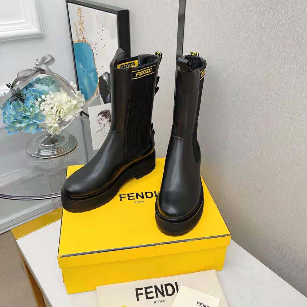 Fendi Women Promenades Black Leather Biker Boots