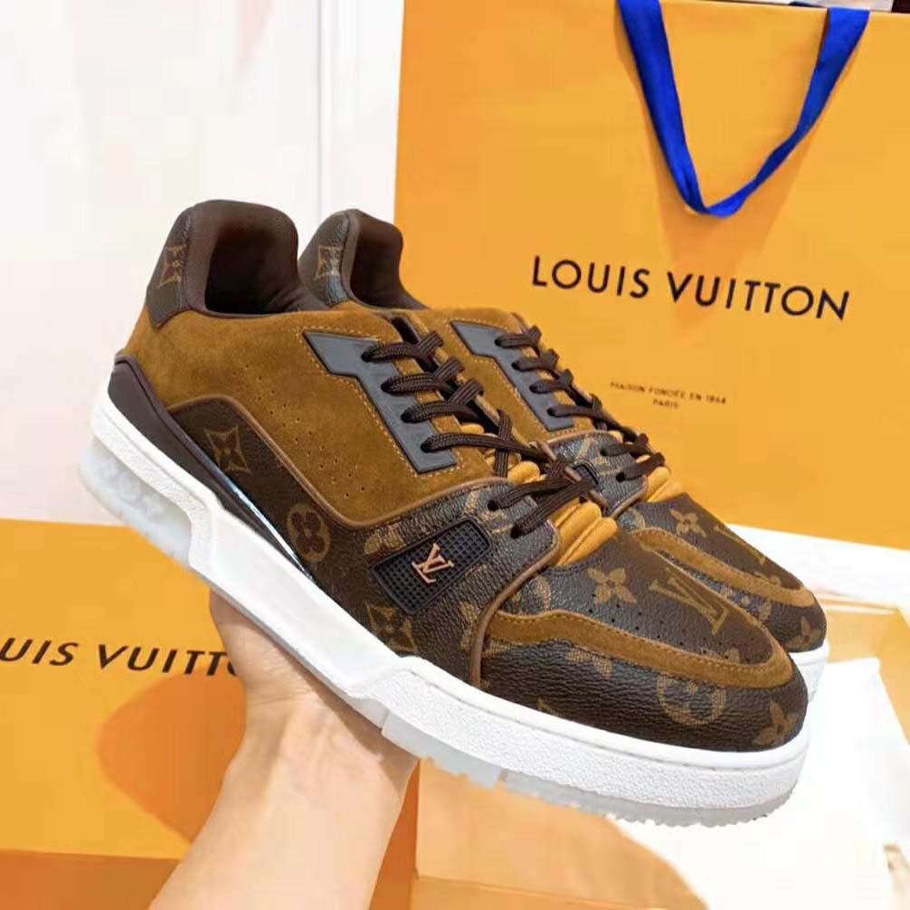 Louis Vuitton LV Unisex LV Trainer Sneaker in Monogram Canvas and Suede Calf Leather-Brown