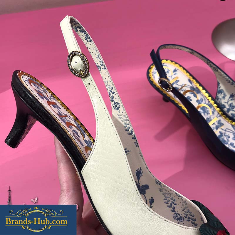 Gucci Women Shoes Leather Sling-Back Pump with Web Bow 50mm Heel-White