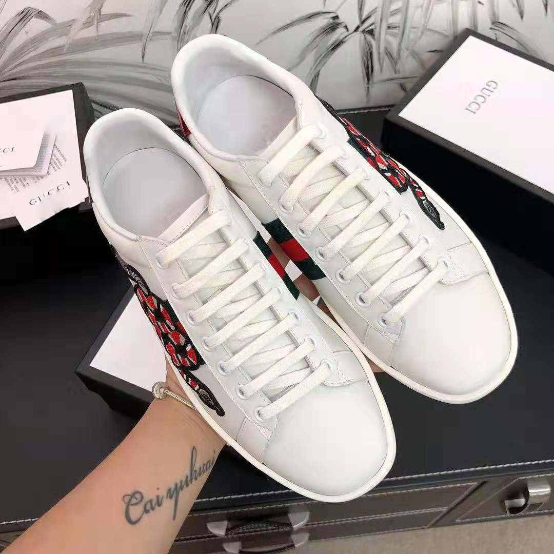 Gucci Men Ace Embroidered Sneaker with Embroidered Kingsnake Appliqué-White