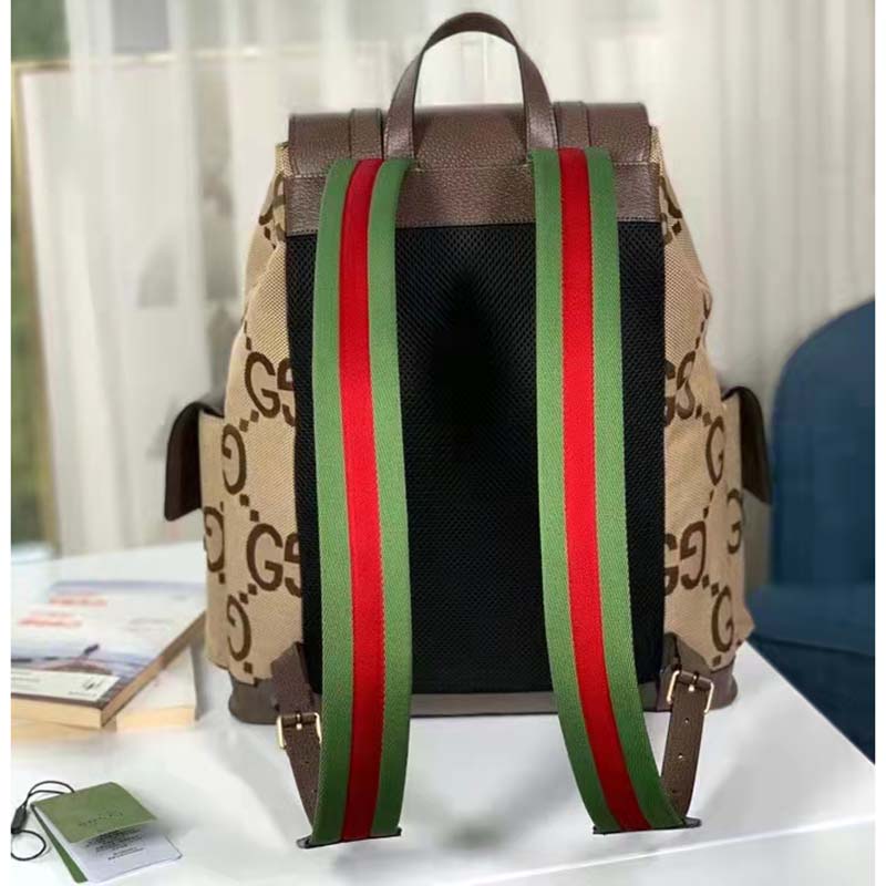 Gucci Unisex Backpack Jumbo GG Camel Ebony Canvas Brown Leather