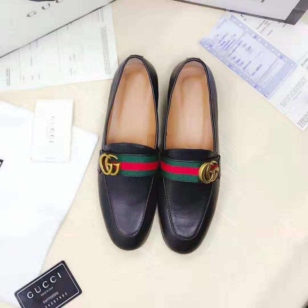 Gucci Men Leather Loafer with GG Web Shoes-Black