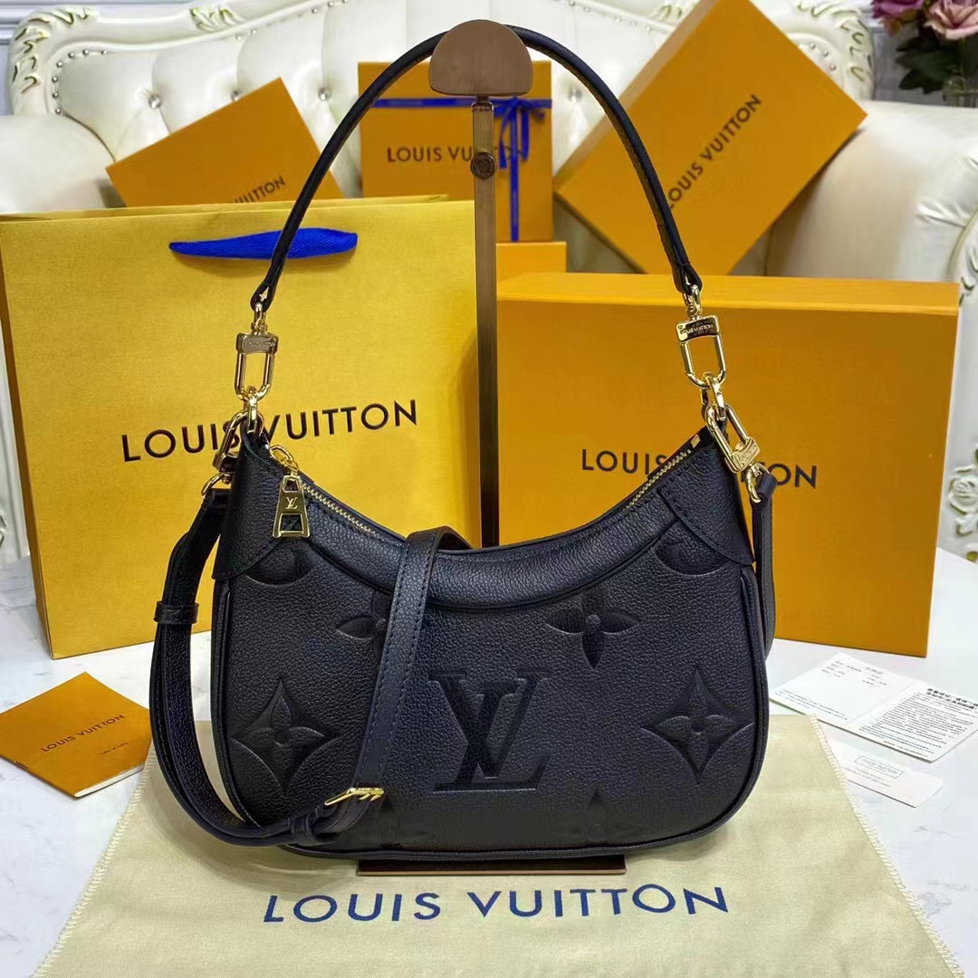 Louis Vuitton LV Women Bagatelle Black Handbag Monogram Empreinte Embossed Grained Cowhide