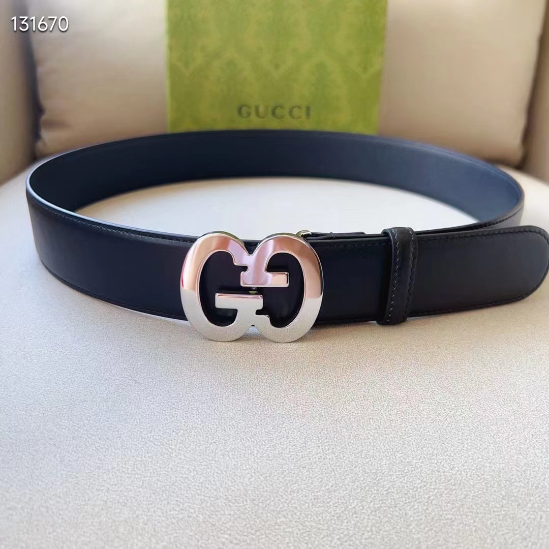 Gucci GG Unisex Buckle Wide Belt Black Leather Double G 4 CM Width