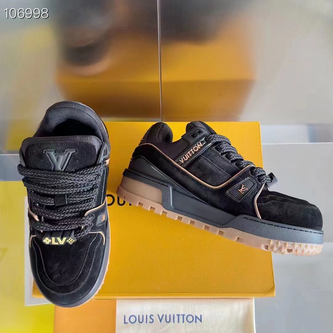 Louis Vuitton Unisex LV Trainer Maxi Black Suede Calf Leather Textile Laces Beads Rubber