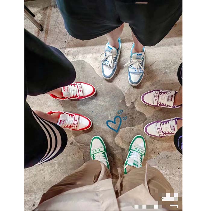 Louis Vuitton LV Unisex Trainer Sneaker Red Monogram Denim Rubber Outsole Monogram Flower