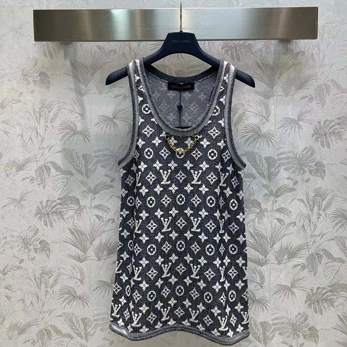 Louis Vuitton Women LV Monogram Jacquard Tank Top Wool Cotton Grey Blue Regular Fit